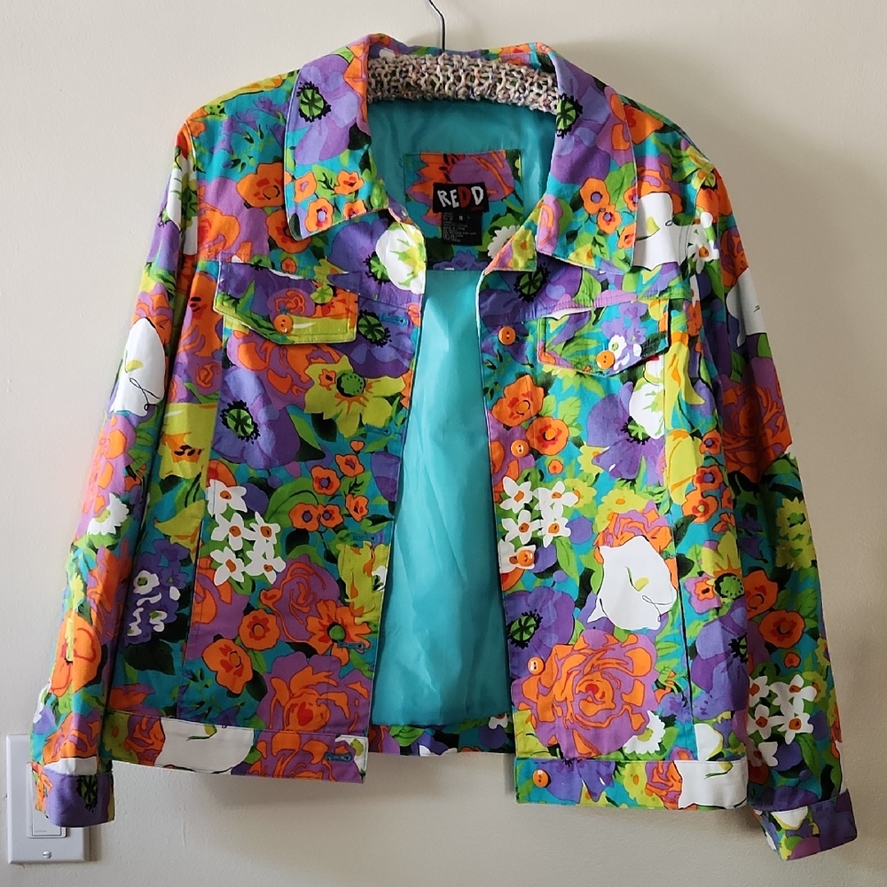Red Floral Multicolor Jean Jacket with Turquoise Lining
